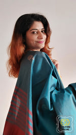 Load image into Gallery viewer, Handwoven Banana Pith Silk Saree- Shot Blue And Maroon Saree
