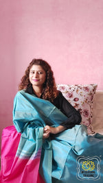 Load image into Gallery viewer, Handwoven Banana Pith Silk Saree- Shot Blue &amp; Pink Saree
