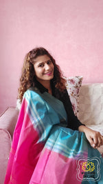 Load image into Gallery viewer, Handwoven Banana Pith Silk Saree- Shot Blue &amp; Pink Saree
