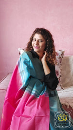 Load image into Gallery viewer, Handwoven Banana Pith Silk Saree- Shot Blue &amp; Pink Saree
