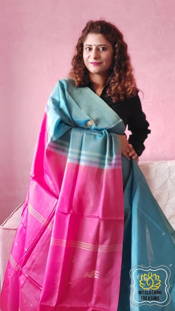 Handwoven Banana Pith Silk Saree- Shot Blue & Pink Saree