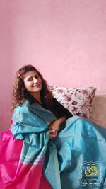 Load image into Gallery viewer, Handwoven Banana Pith Silk Saree- Shot Blue &amp; Pink Saree
