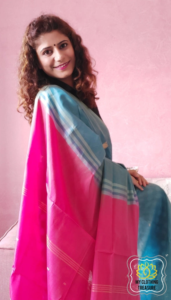 Handwoven Banana Pith Silk Saree- Shot Blue & Pink Saree