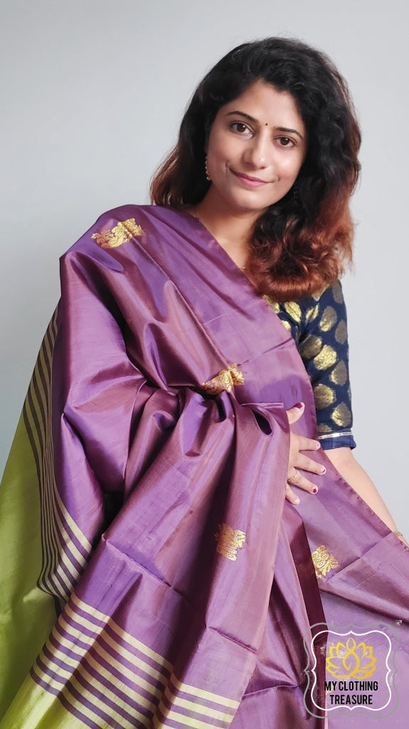 Handwoven Banana Pith Silk Saree- Shot Brown-Purple And Green Saree