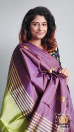 Load image into Gallery viewer, Handwoven Banana Pith Silk Saree- Shot Brown-Purple And Green Saree
