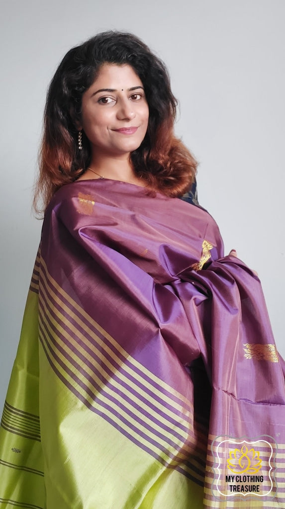 Handwoven Banana Pith Silk Saree- Shot Brown-Purple And Green Saree