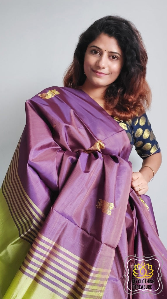 Handwoven Banana Pith Silk Saree- Shot Brown-Purple And Green Saree