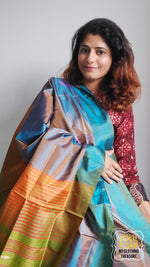 Load image into Gallery viewer, Handwoven Banana Pith Silk Saree- Shot Gold-Blue And Green Saree
