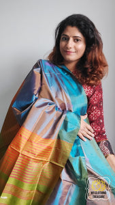 Handwoven Banana Pith Silk Saree- Shot Gold-Blue And Green Saree