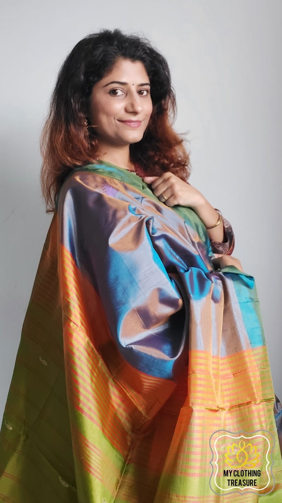 Handwoven Banana Pith Silk Saree- Shot Gold-Blue And Green Saree