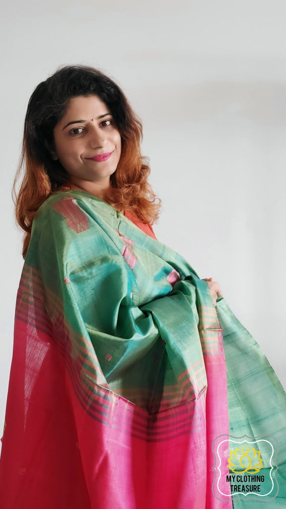 Handwoven Banana Pith Silk Saree- Shot Green And Pink Saree