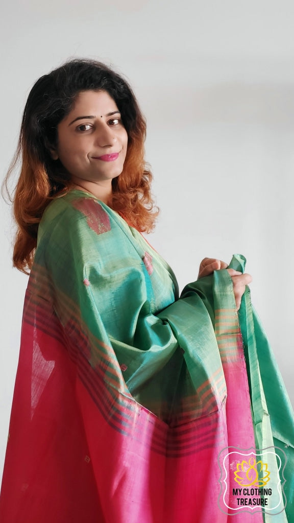 Handwoven Banana Pith Silk Saree- Shot Green And Pink Saree