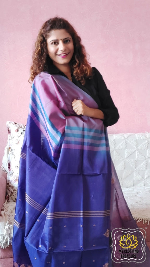 Handwoven Banana Pith Silk Saree- Shot Pink And Blue Saree