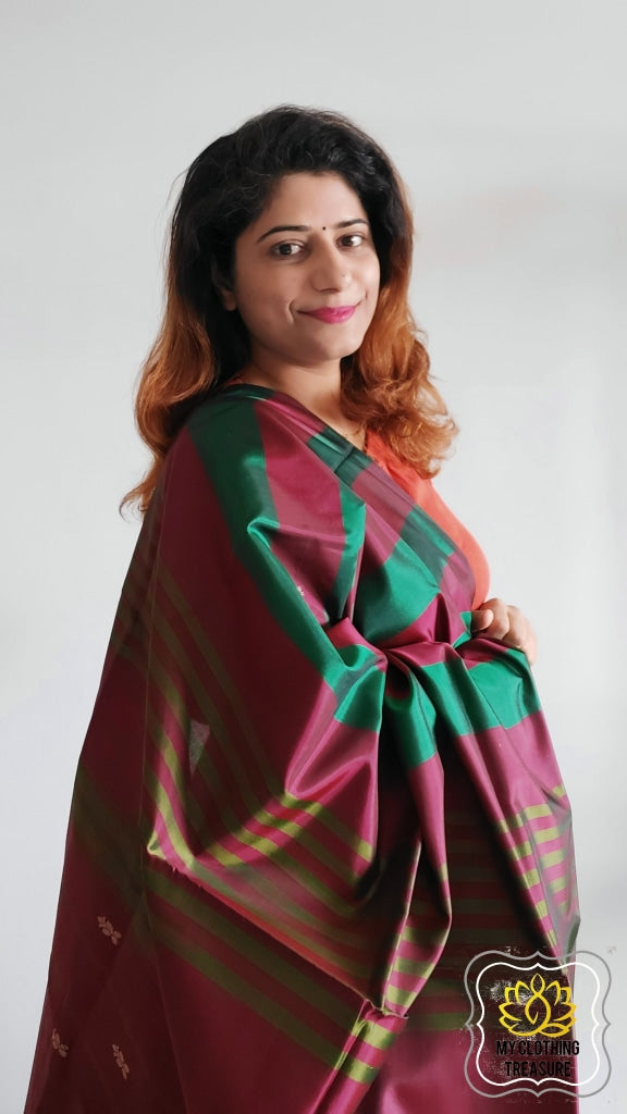 Handwoven Banana Pith Silk Saree- Striped Body 3 Saree