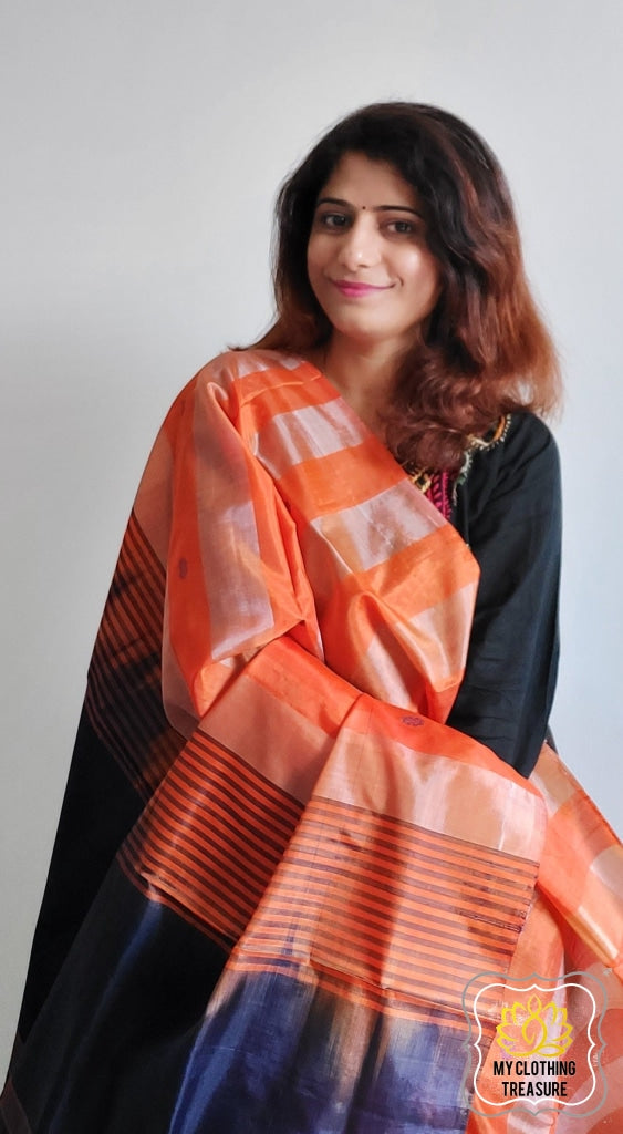 Handwoven Banana Pith Silk Saree- Striped Body Orange Saree