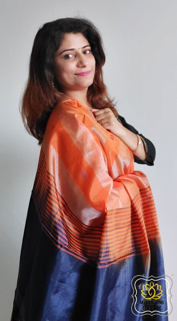 Handwoven Banana Pith Silk Saree- Striped Body Orange Saree