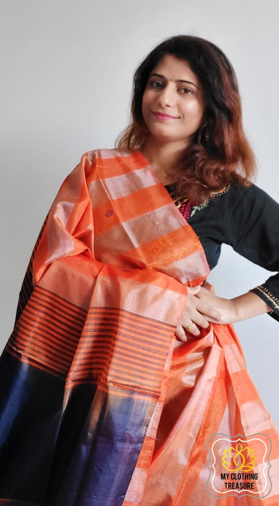 Handwoven Banana Pith Silk Saree- Striped Body Orange Saree