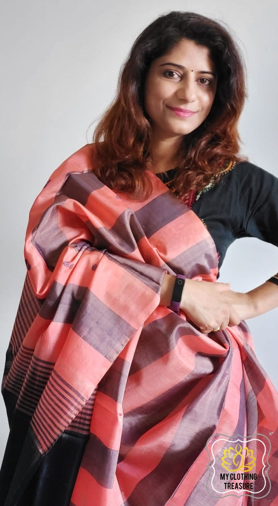 Handwoven Banana Pith Silk Saree- Striped Body Peach Saree