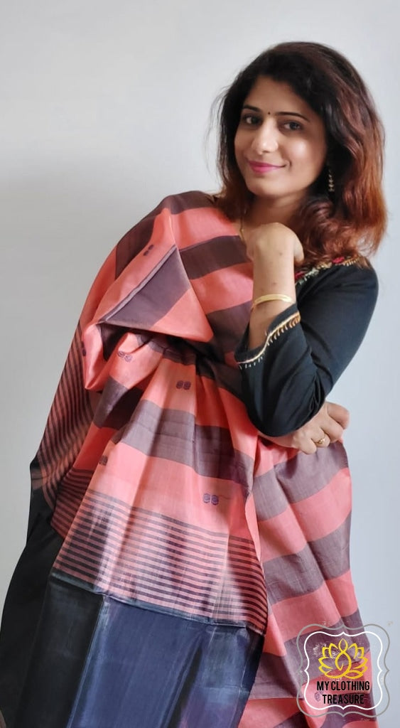 Handwoven Banana Pith Silk Saree- Striped Body Peach Saree