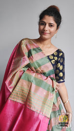 Load image into Gallery viewer, Handwoven Banana Pith Silk Saree- Striped Body Sage Green Saree
