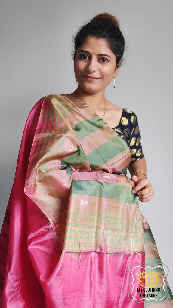 Handwoven Banana Pith Silk Saree- Striped Body Sage Green Saree