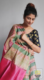 Load image into Gallery viewer, Handwoven Banana Pith Silk Saree- Striped Body Sage Green Saree
