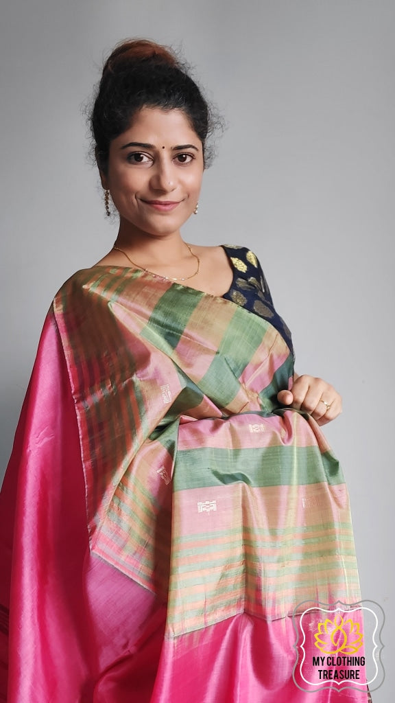 Handwoven Banana Pith Silk Saree- Striped Body Sage Green Saree