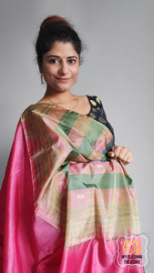 Handwoven Banana Pith Silk Saree- Striped Body Sage Green Saree