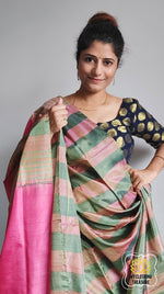 Load image into Gallery viewer, Handwoven Banana Pith Silk Saree- Striped Body Sage Green Saree
