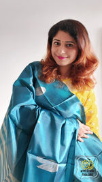 Load image into Gallery viewer, Handwoven Banana Pith Silk Saree- Teal Green And Tussar Saree
