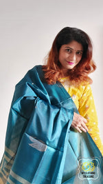 Load image into Gallery viewer, Handwoven Banana Pith Silk Saree- Teal Green And Tussar Saree
