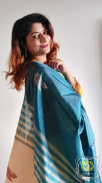 Load image into Gallery viewer, Handwoven Banana Pith Silk Saree- Teal Green And Tussar Saree
