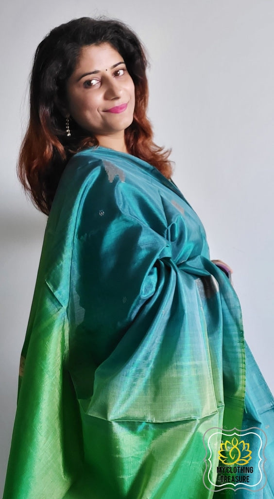 Handwoven Banana Pith Silk Saree- Turquoise & Green Saree