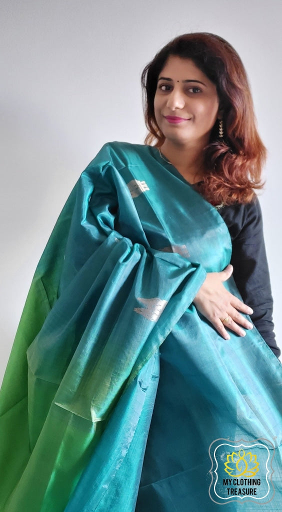 Handwoven Banana Pith Silk Saree- Turquoise & Green Saree