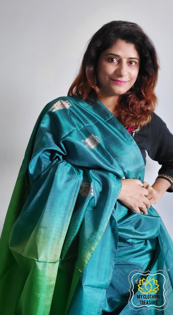 Handwoven Banana Pith Silk Saree- Turquoise & Green Saree