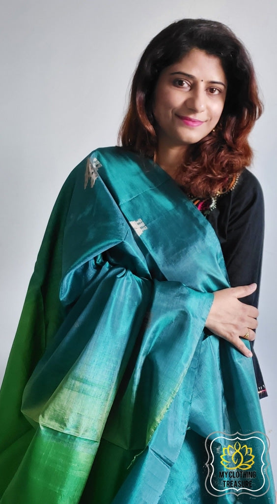 Handwoven Banana Pith Silk Saree- Turquoise & Green Saree