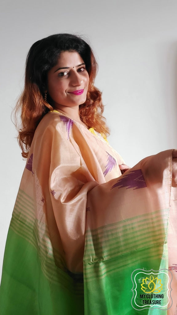 Handwoven Banana Pith Silk Saree- Tussar And Green Saree