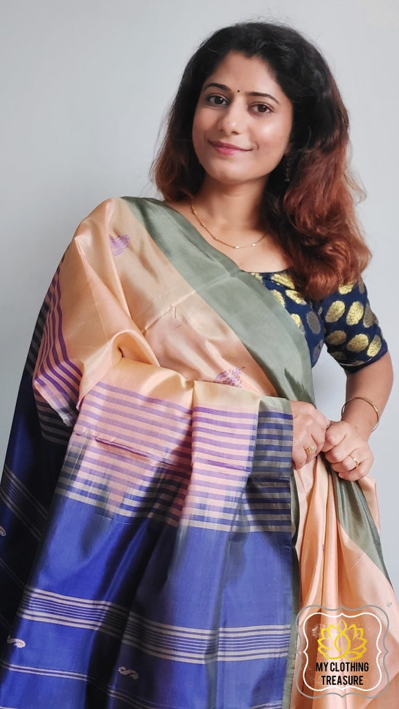 Handwoven Banana Pith Silk Saree- Tussar And Navy Blue Saree