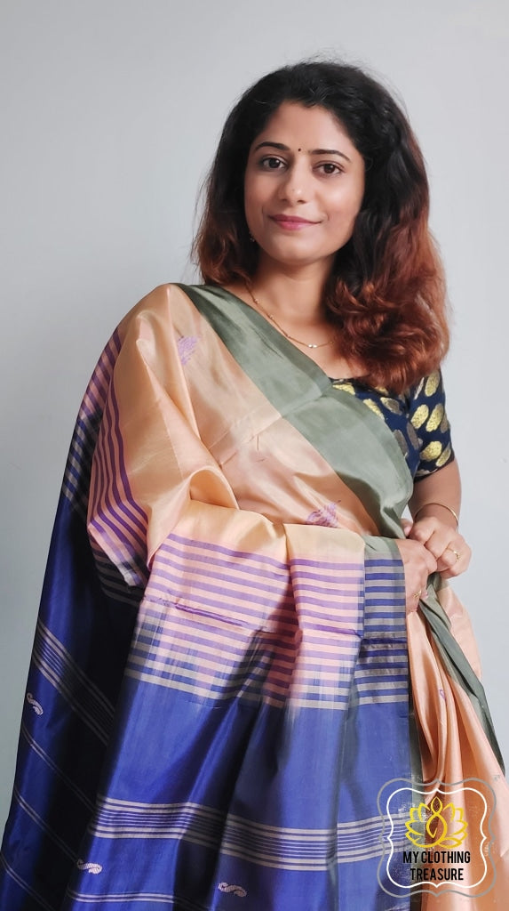 Handwoven Banana Pith Silk Saree- Tussar And Navy Blue Saree