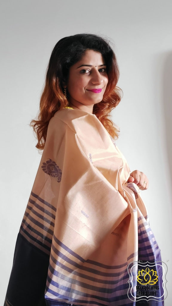 Handwoven Banana Pith Silk Saree- Tussar And Plum Saree