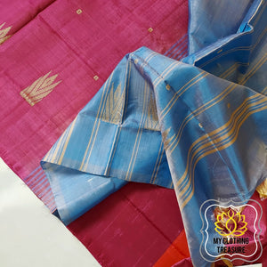 Handwoven Banana Pith Silk Saree- Wine And Shot Blue Saree