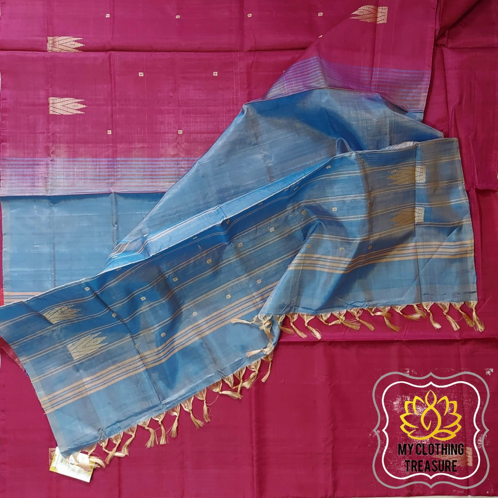 Handwoven Banana Pith Silk Saree- Wine And Shot Blue Saree