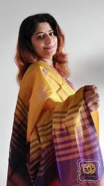 Load image into Gallery viewer, Handwoven Banana Pith Silk Saree- Yellow And Purple Saree
