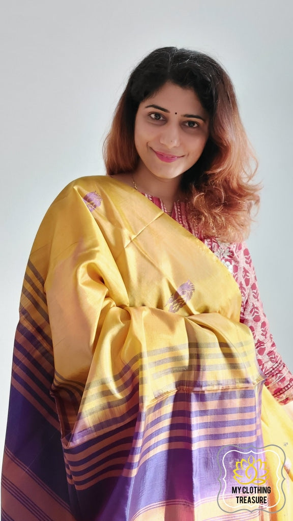 Handwoven Banana Pith Silk Saree- Yellow And Purple Saree