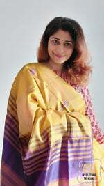 Load image into Gallery viewer, Handwoven Banana Pith Silk Saree- Yellow And Purple Saree
