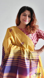 Load image into Gallery viewer, Handwoven Banana Pith Silk Saree- Yellow And Purple Saree
