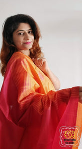 Handwoven Banana Pith Silk Saree- Yellow And Red Saree