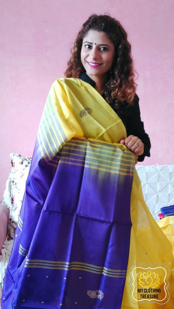 Handwoven Banana Pith Silk Saree- Yellow & Purple Saree