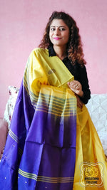 Load image into Gallery viewer, Handwoven Banana Pith Silk Saree- Yellow &amp; Purple Saree
