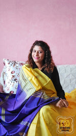 Load image into Gallery viewer, Handwoven Banana Pith Silk Saree- Yellow &amp; Purple Saree
